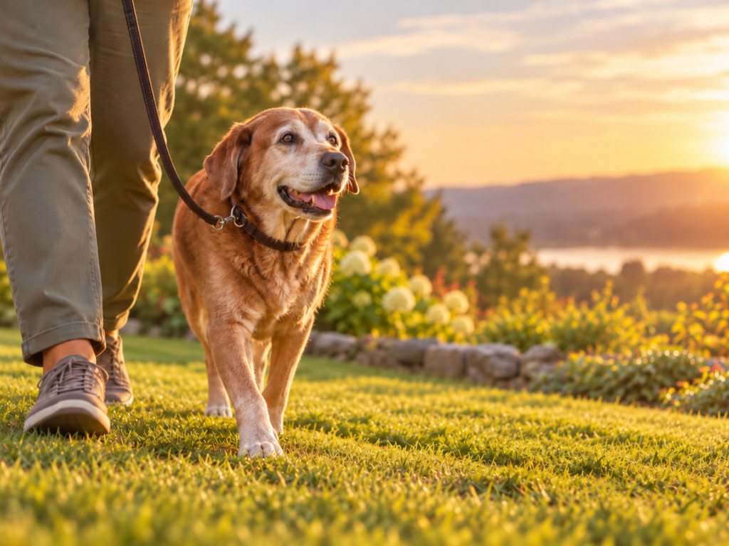 Older dog walking calmly with its owner in warm evening light