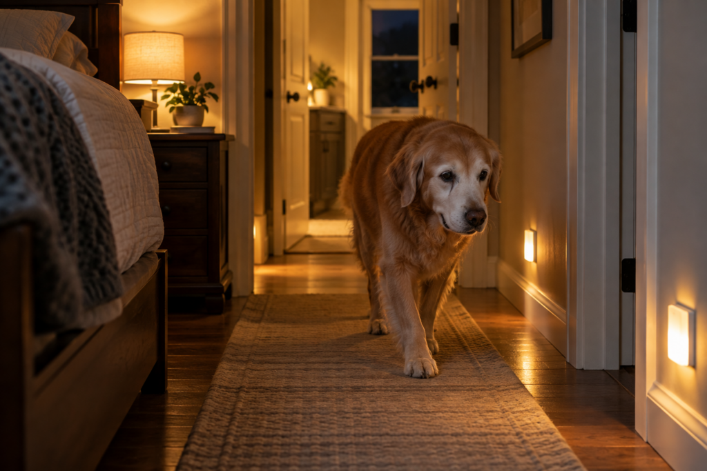 Senior dog following a softly lit path through the home at night