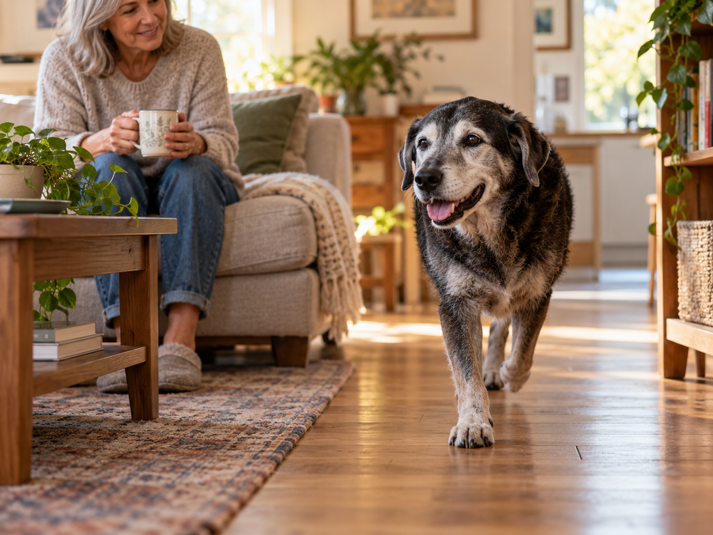 senior dog walking comfortably through a clear path in a home