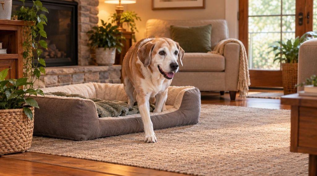 Senior dog stepping in and out of a low bed with secure traction and open space around it