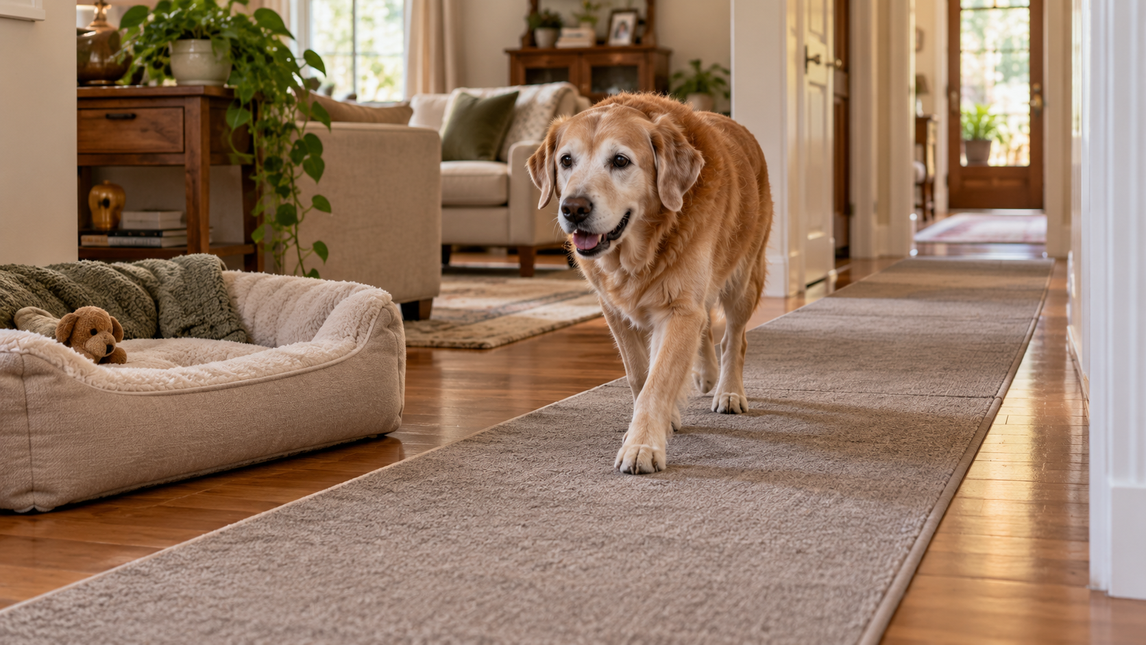 Senior dog walking along a continuous nonslip runner through the home