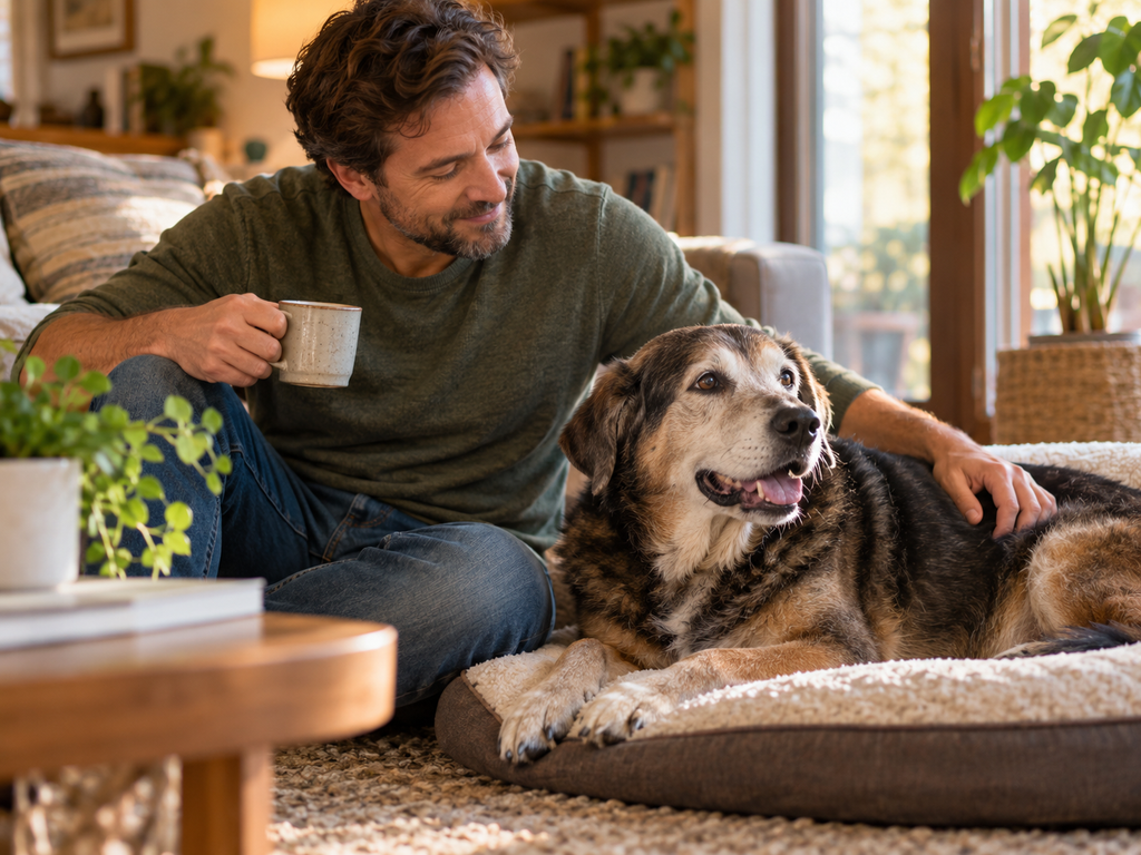 Senior dog at home with its owner nearby